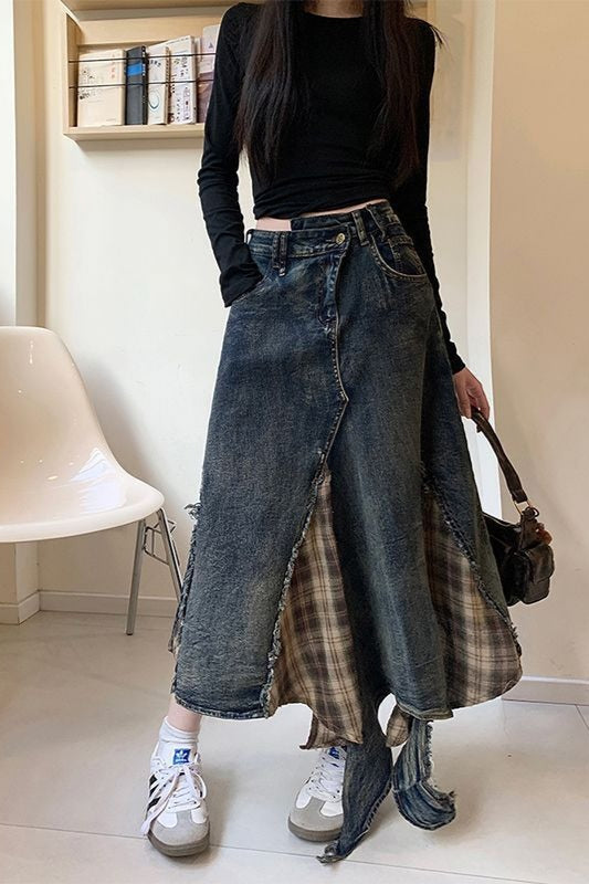Punk Streetwear Retro Asymmetrical Mid-Length Denim Skirt Secondary image