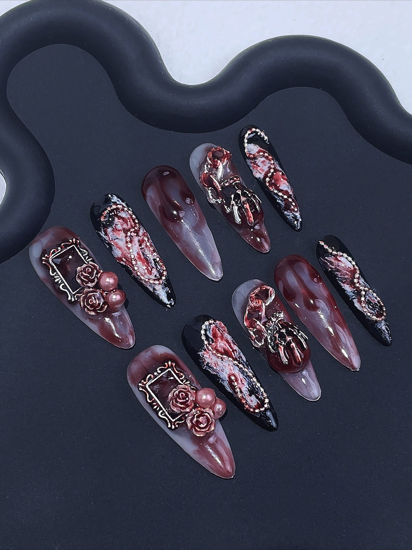Dark Blood Stained Rose Press On Nails