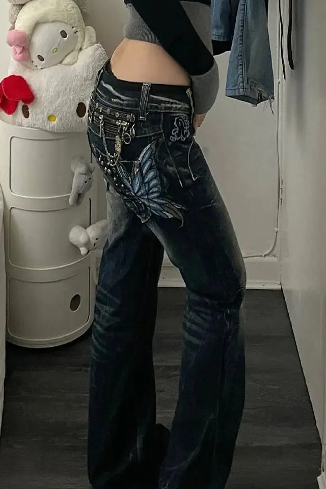 Butterfly Embroidered Low-Rise Flare Jeans