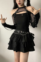 Mesh Cutout Top And Tiered Skirt Set
