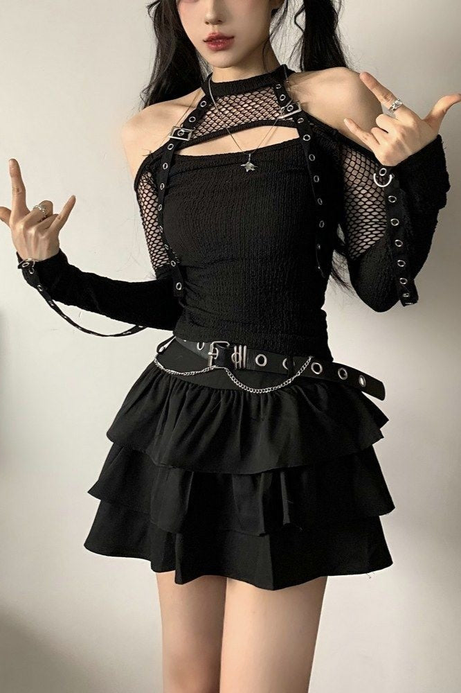 Mesh Cutout Top And Tiered Skirt Set
