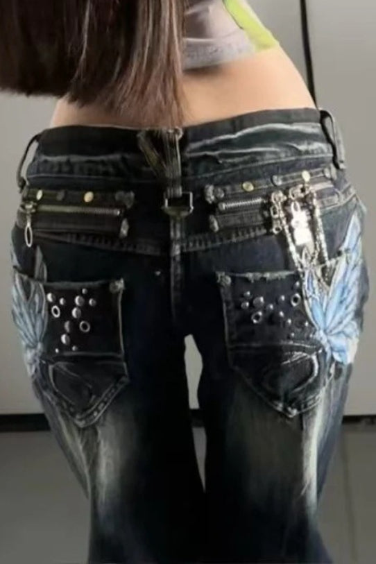 Butterfly Embroidered Low-Rise Flare Jeans