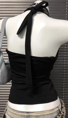 Y2K Black V-neck Embroidered Halter Backless Retro camis
