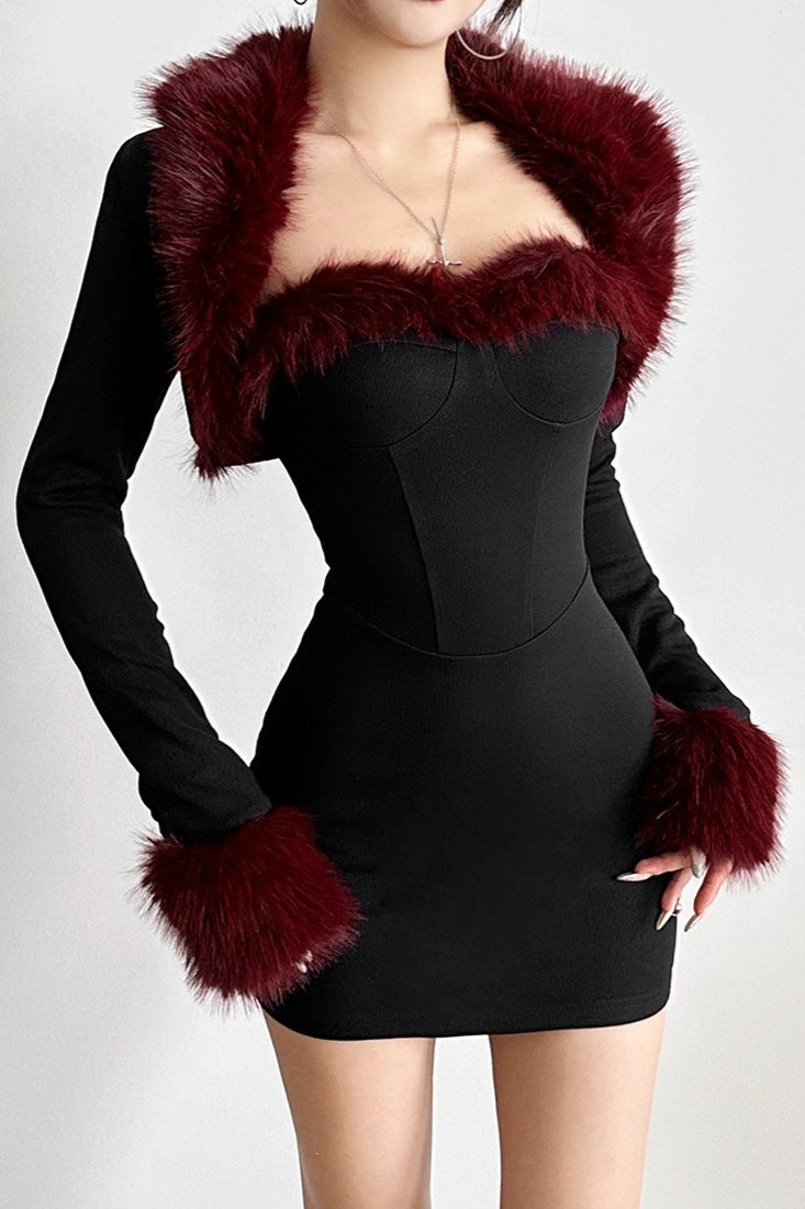 Burgundy Fluffy Trim Black Skirt Sets