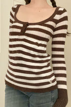 Striped Scoop Neck Button Sweaters