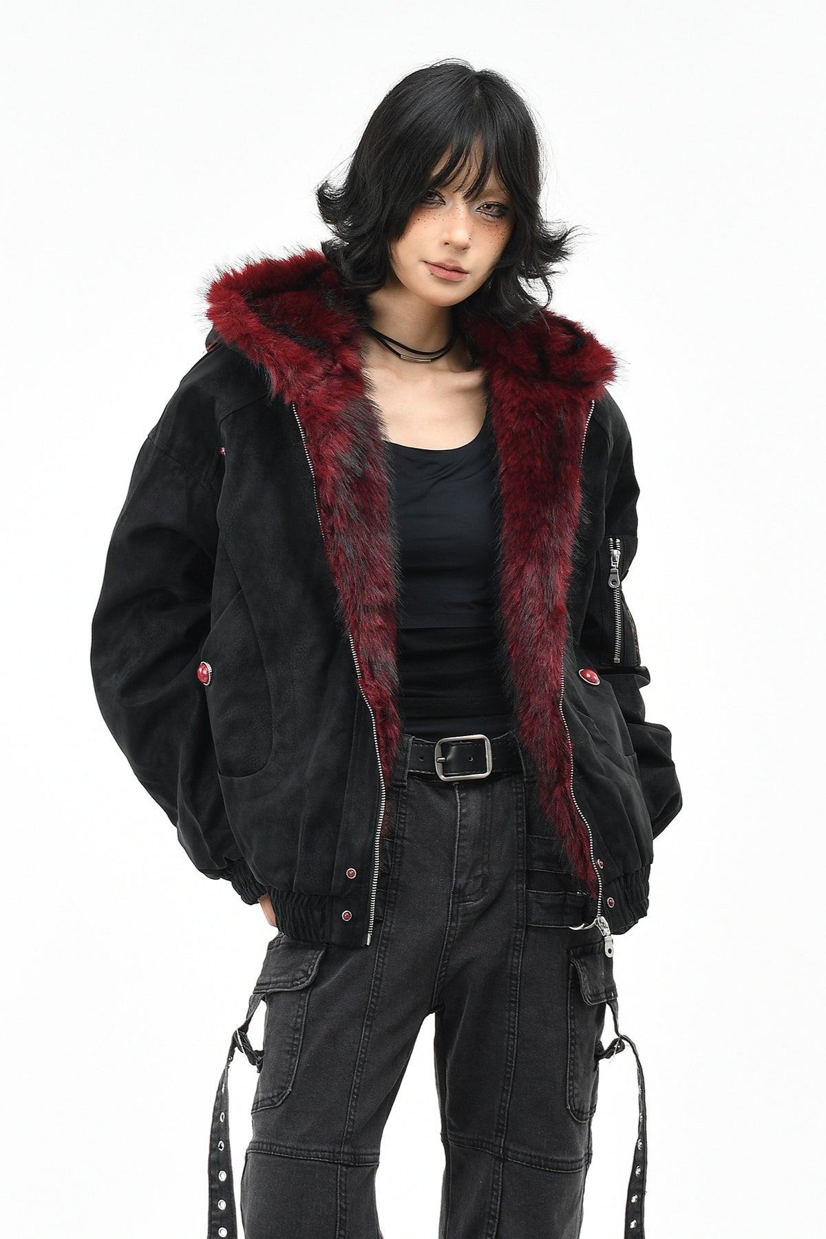 Red Fur Trim Padded Hooded Jacket Main image