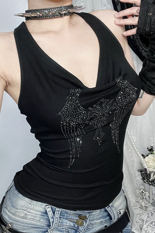 Cross Rhinestone Draped Neck Backless Tank Top Main image
