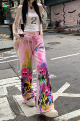 Graffiti Print Drawstring Floor Length Wide Leg Pants