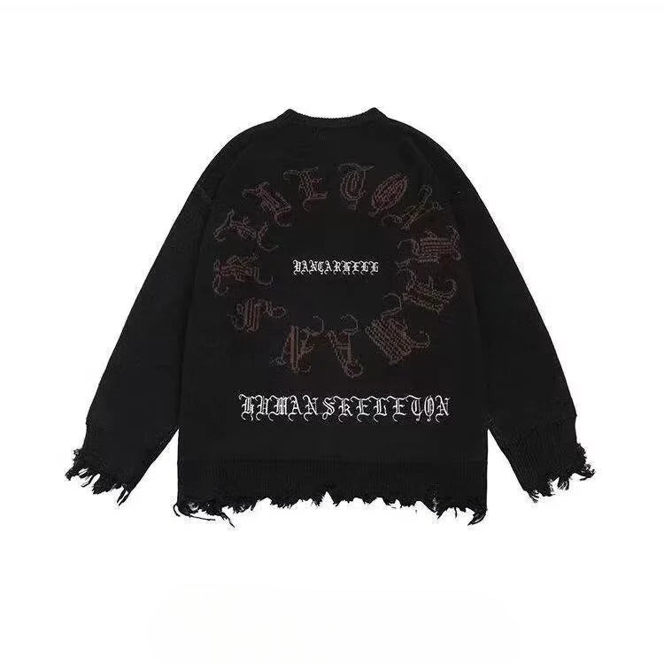 Raw-Edge Crewneck Loose-Fit Knit Sweater