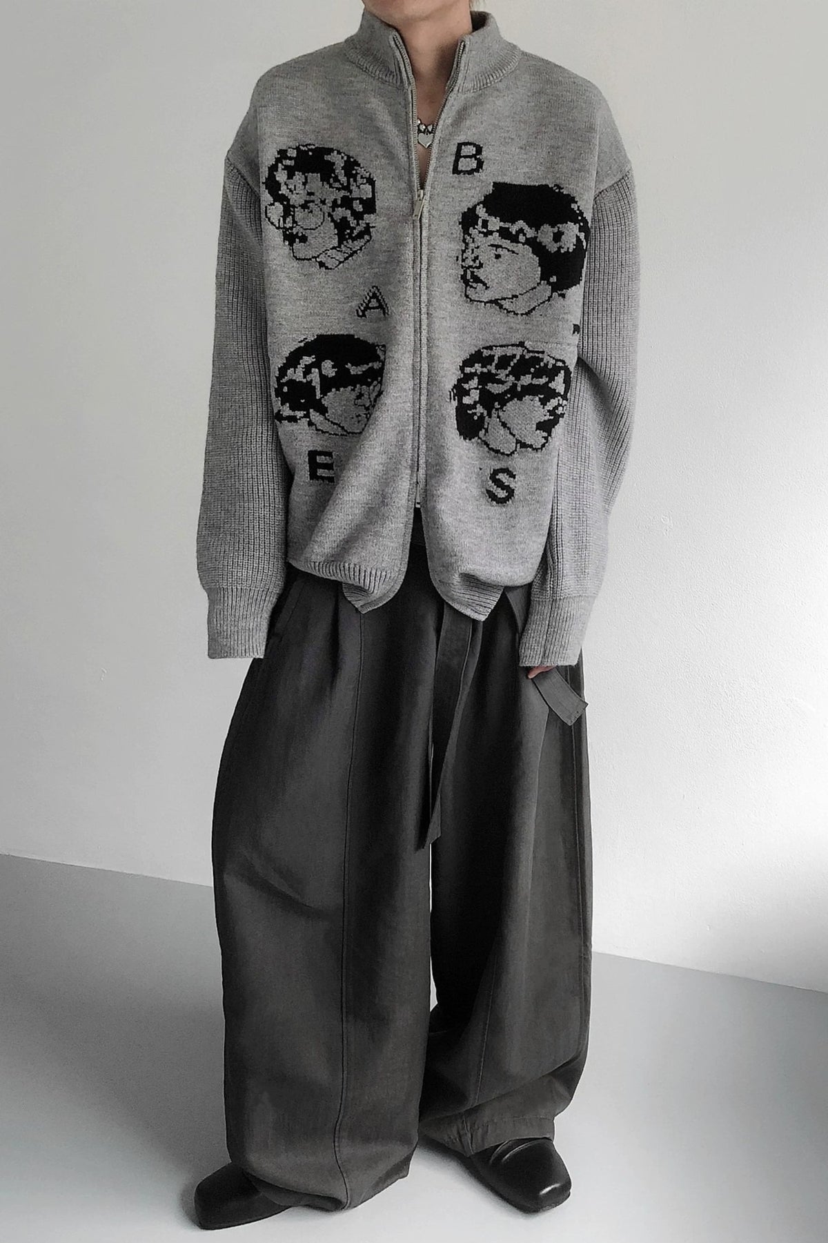 Portrait Graphic Double Zip Cardigans