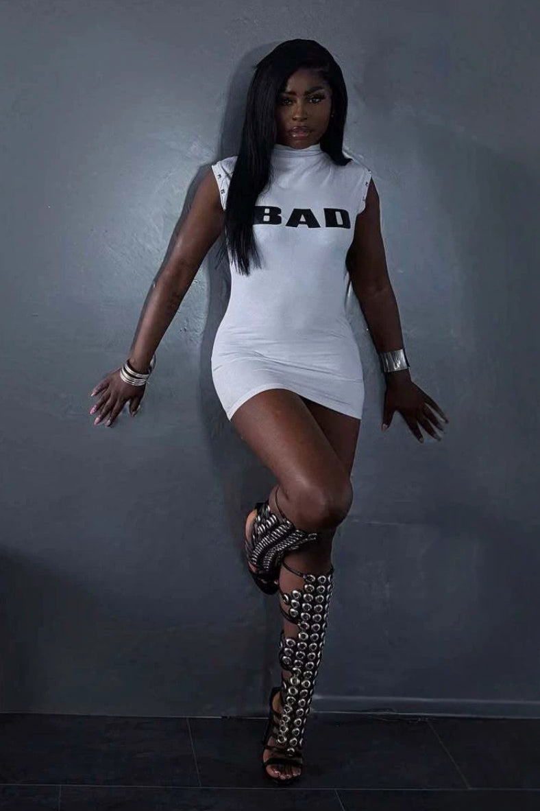 White Punk Studded Mock Neck Mini Dress