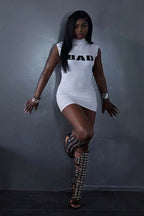 White Punk Studded Mock Neck Mini Dress