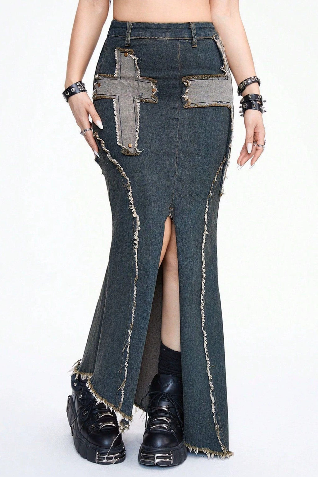 Cross Patch Split Denim Skirts