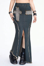 Cross Patch Split Denim Skirts