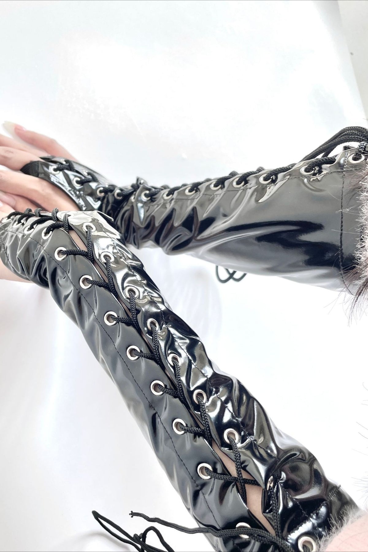 Glossy Lace Up Long Gloves