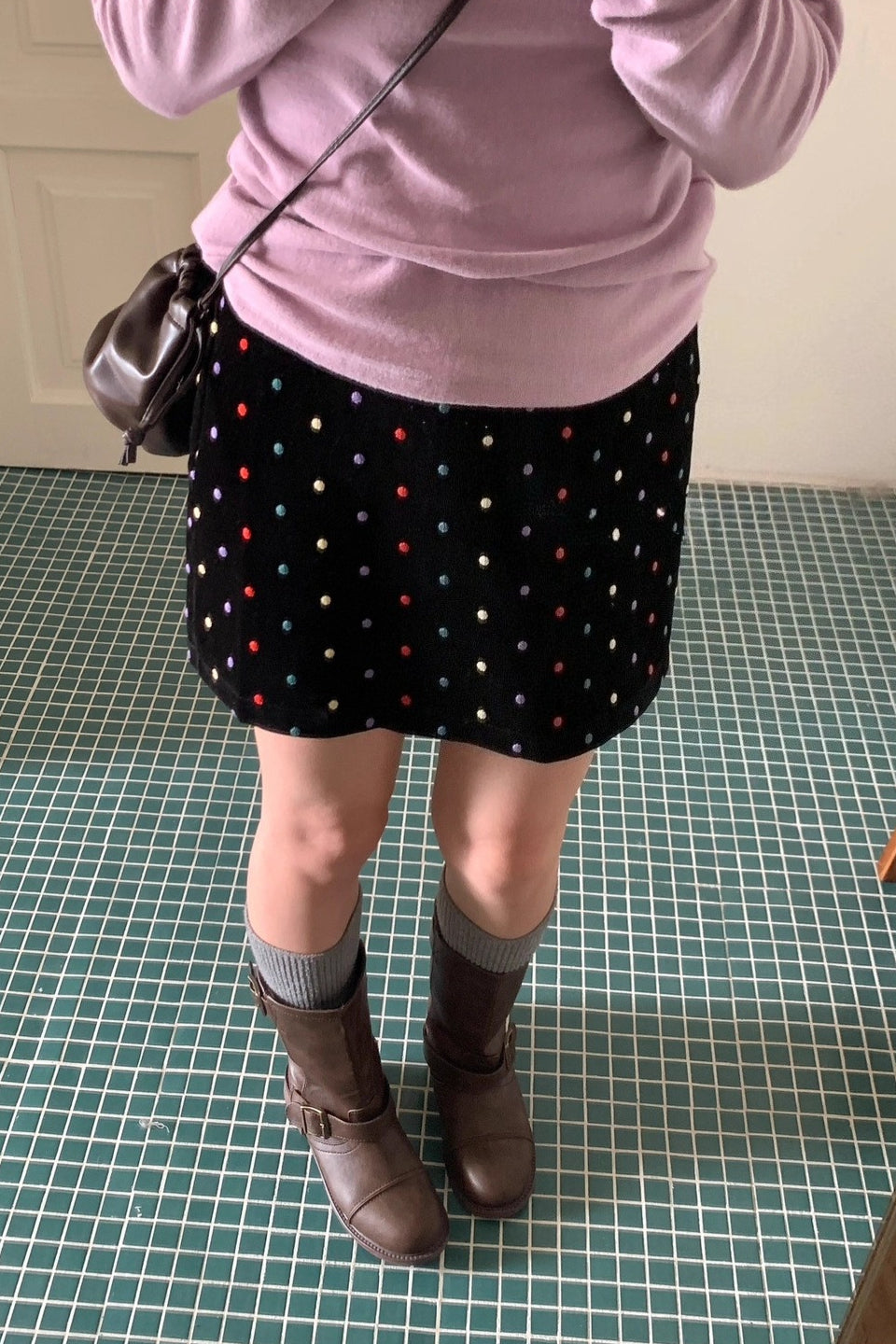 Y2K Polka Dot Embroidered Velvet A-Line Skirt Main image