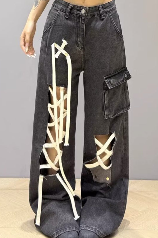 Lace Up Pocket Wide Leg Cargo Jeans