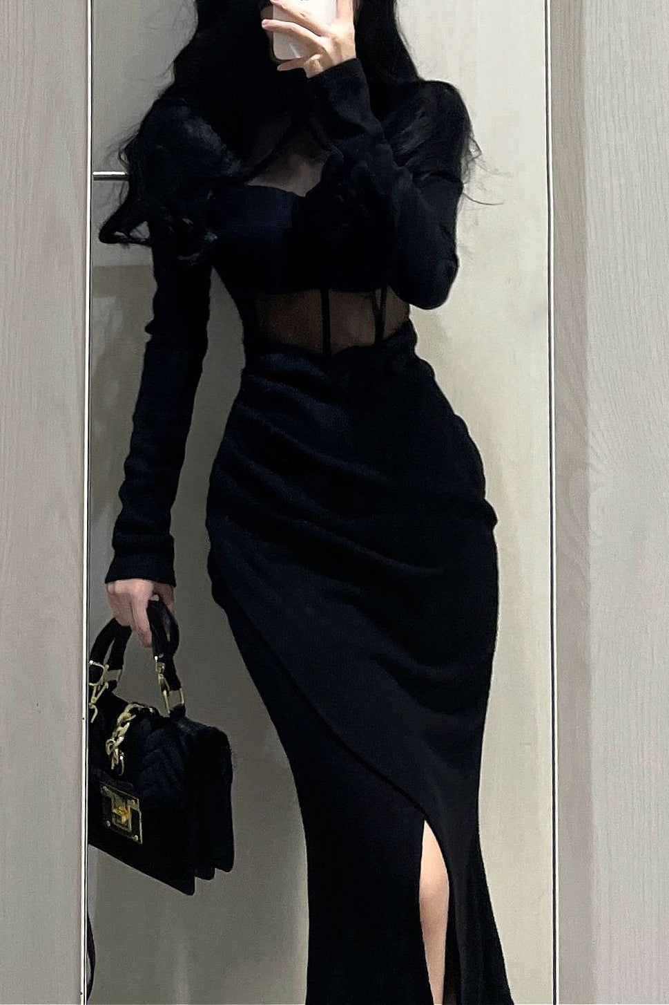 Black Mesh Sheer Slim Bodycon Midi Dress Main image