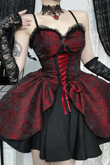 Dark Gothic Lolita Lace Patchwork High Waist Mini Dress