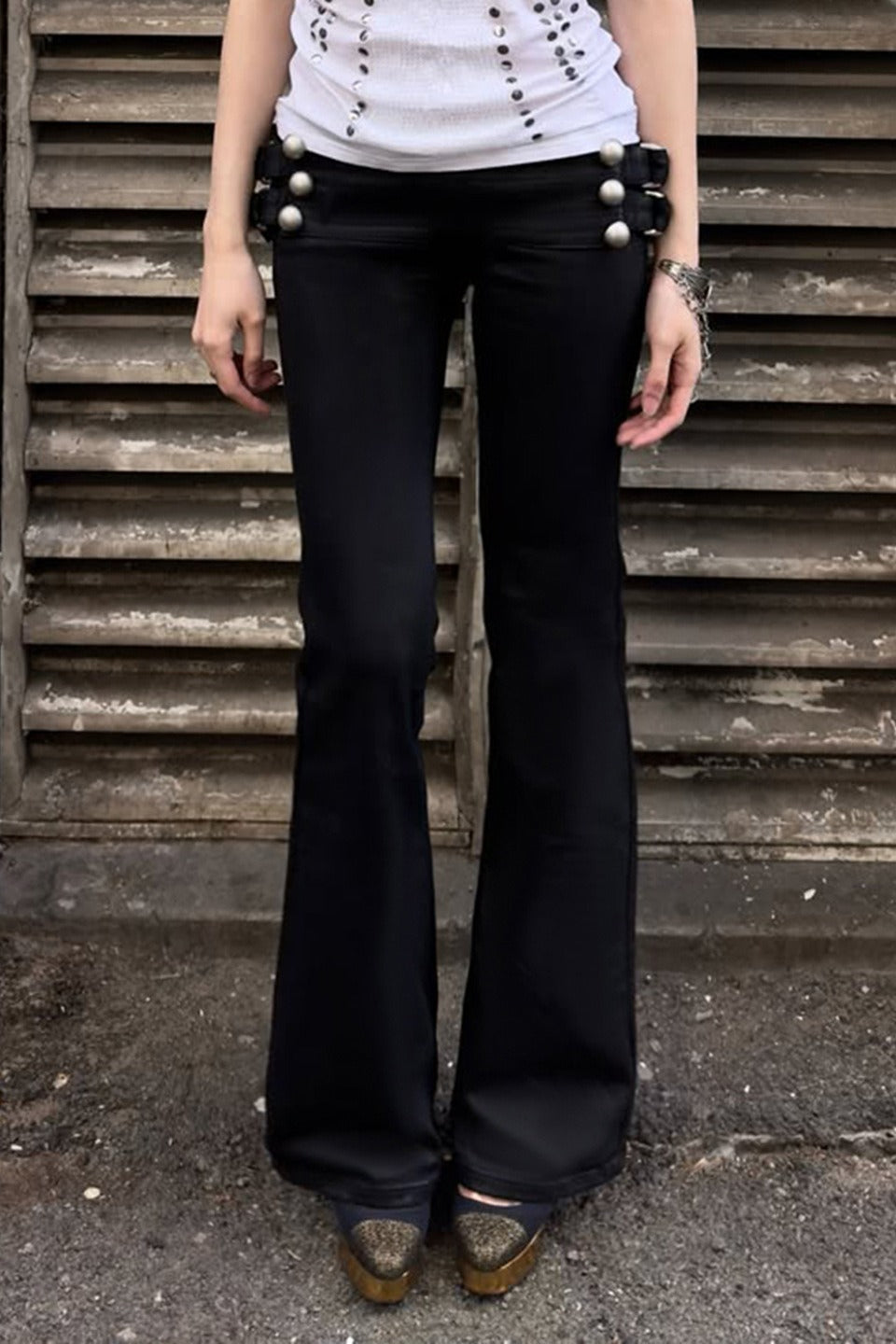 Buckle Strap Low Rise Flare Pants