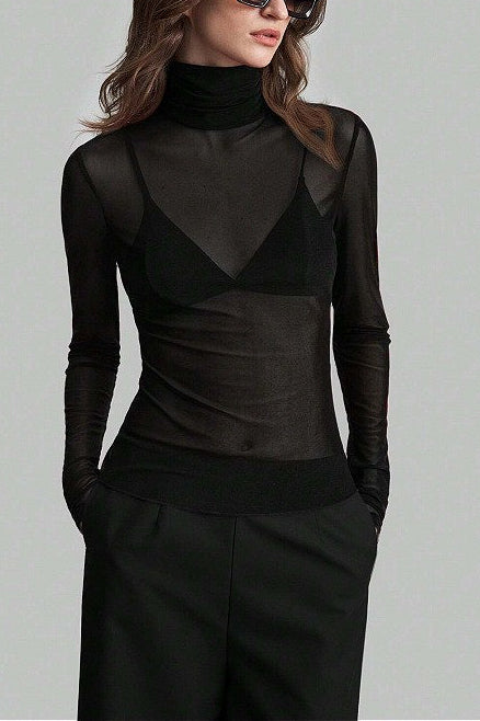 Solid Mandarin Collar Mesh Top Main image