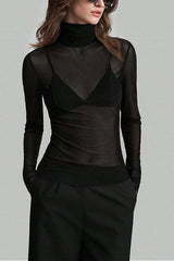 Solid Mandarin Collar Mesh Top