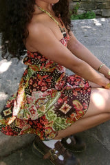 Halter Bandeau Retro Print Color Block Mini Dress