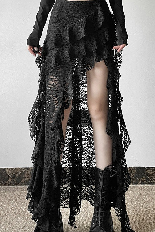 Punk Gothic Lace Ruffle Irregular Midi Skirt Main image