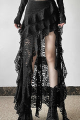 Punk Gothic Lace Ruffle Irregular Midi Skirt