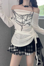 Y2K Off-Shoulder Mesh T-Shirt