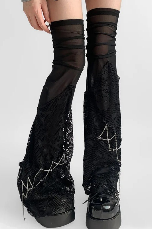 Gothic Punk Skull Chain Lace Mesh Knee High Socks Main image
