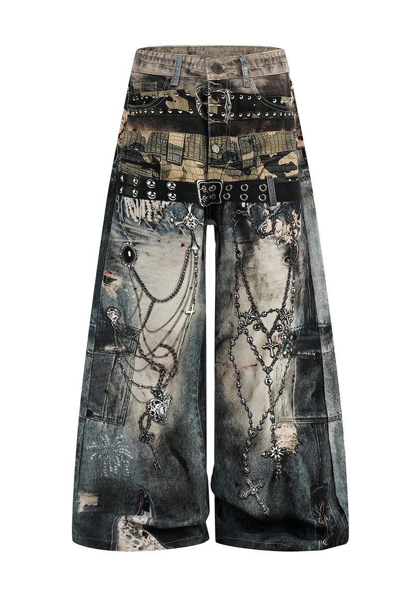 Printed Patchwork Denim Pants