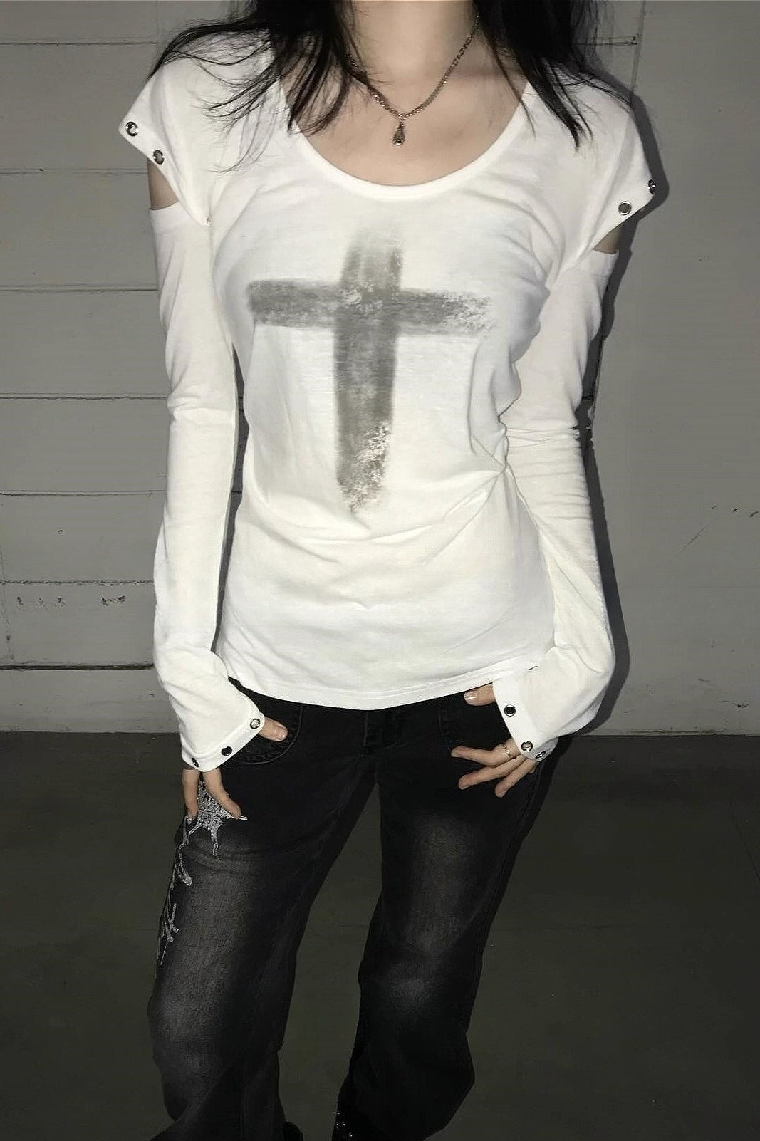 Y2K Crew Neck Print Off-Shoulder T-Shirt