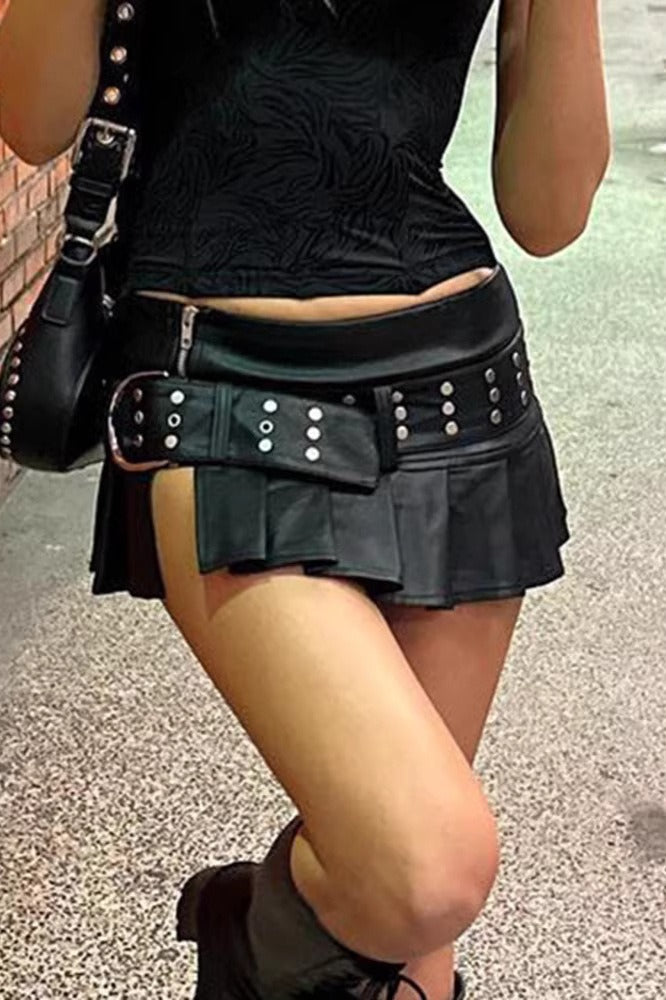 Black Faux Leather Belted Pleated Mini Skirt