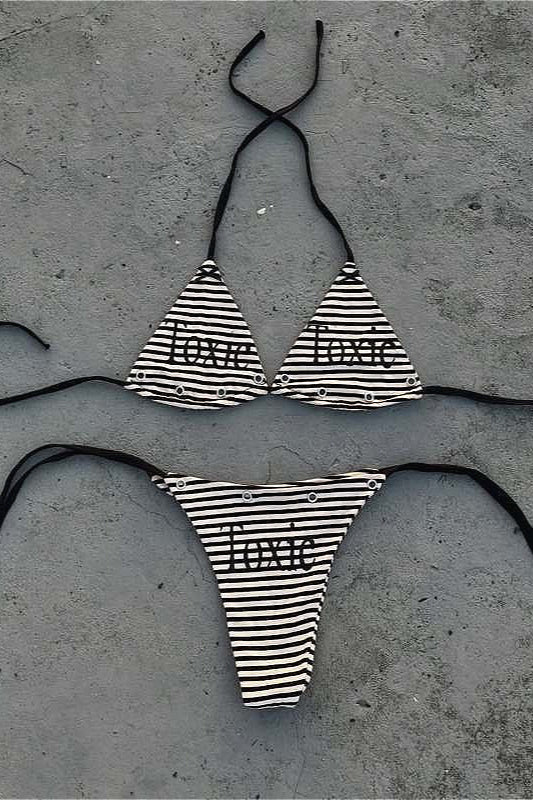 Dark Punk Letter Print Tie Side Swimwear
