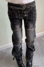 Layered Panel Washed Straight Leg Jeans
