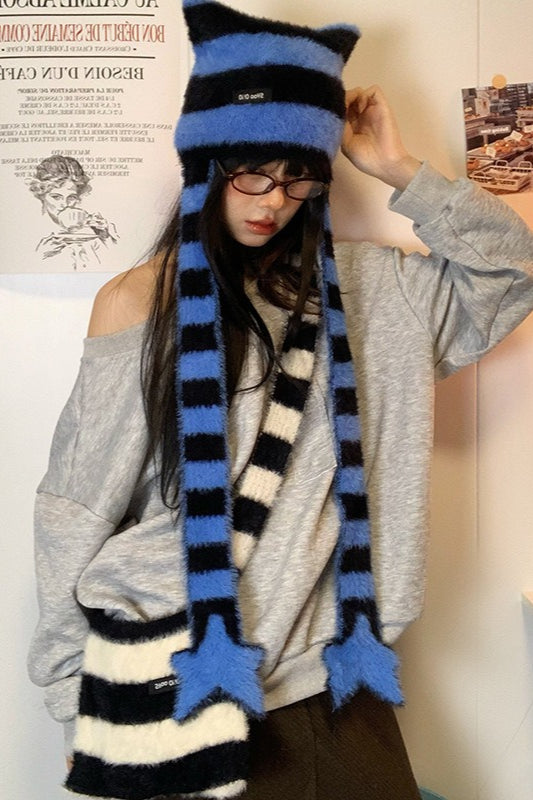 Punk Sweet Cool Star Striped Plush Knitted Hat Main image