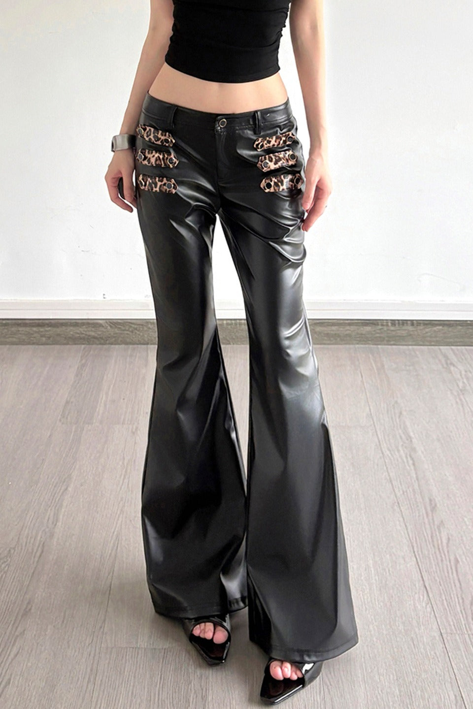 Leopard Strap Faux Leather Flare Pants