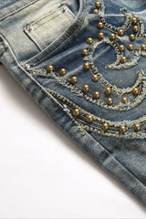 Retro Red Plaid Embroidered Studded Bootcut Denim Pants