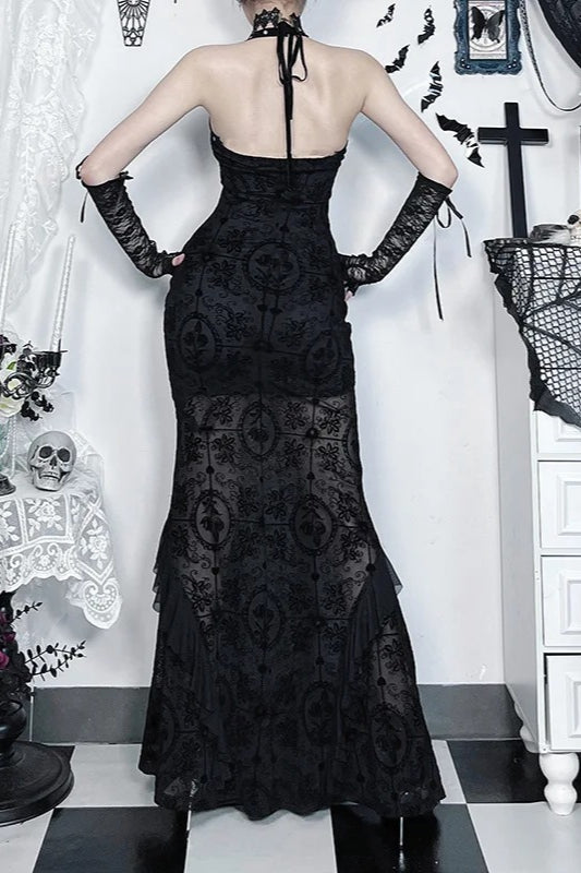 Goth Dark Flocking Print Halter Bandage Maxi Dress