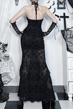 Goth Dark Flocking Print Halter Bandage Maxi Dress