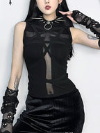 Gothic Slim Fit Cross Tie Back Sleeveless Mesh Top