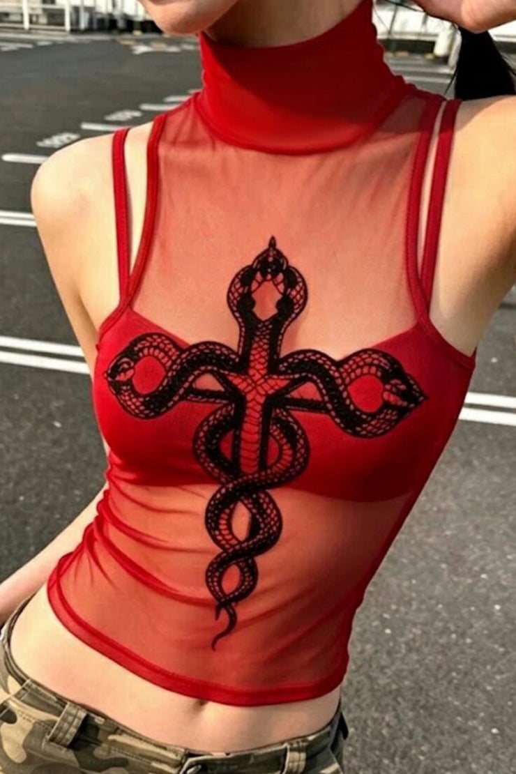 Mesh Snake Embroidered Cami Top