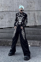 Embroidered Contrast-Stitch Wide-Leg Jeans