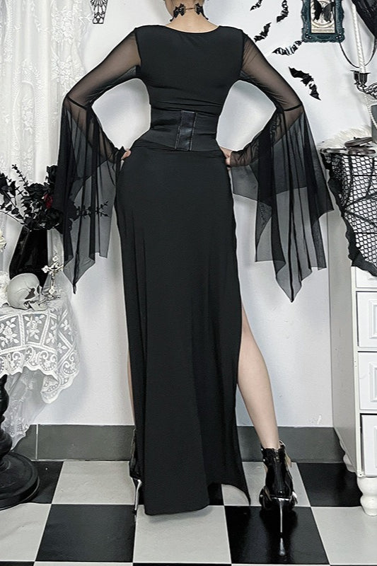 Black Gothic Mesh Sleeve Corset Maxi Dress