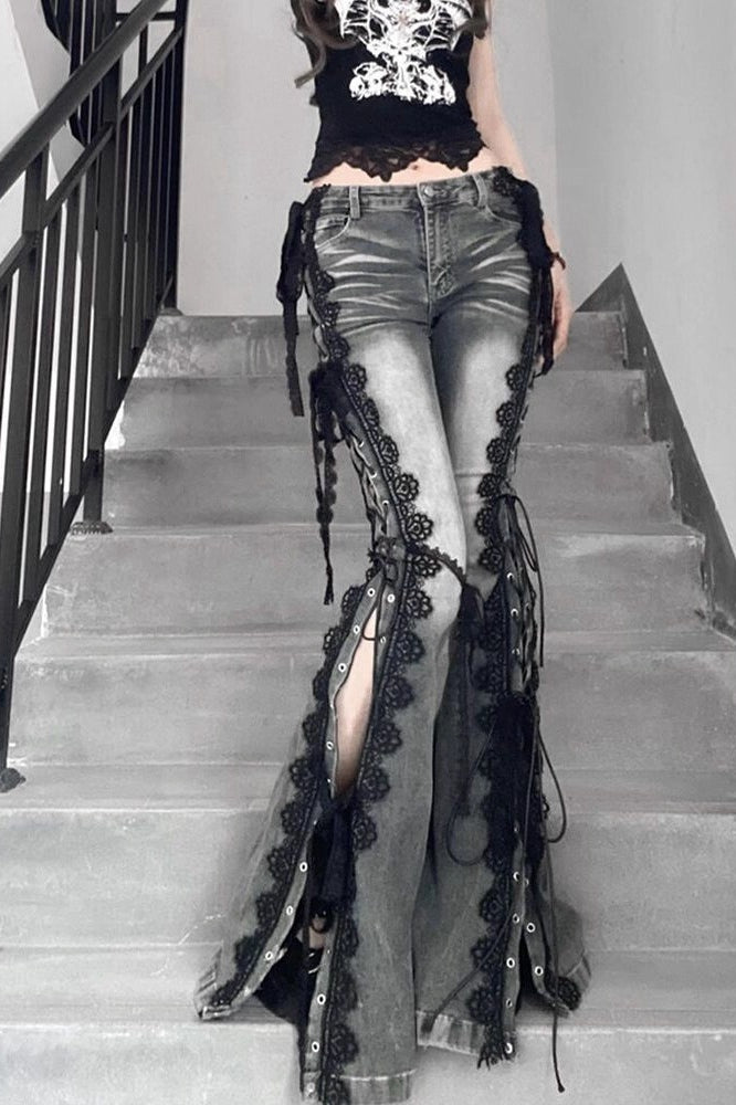 Y2K Retro Lace-Up Split Slim Flare Denim Pants Main image