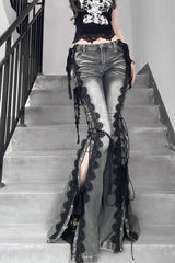 Y2K Retro Lace-Up Split Slim Flare Denim Pants