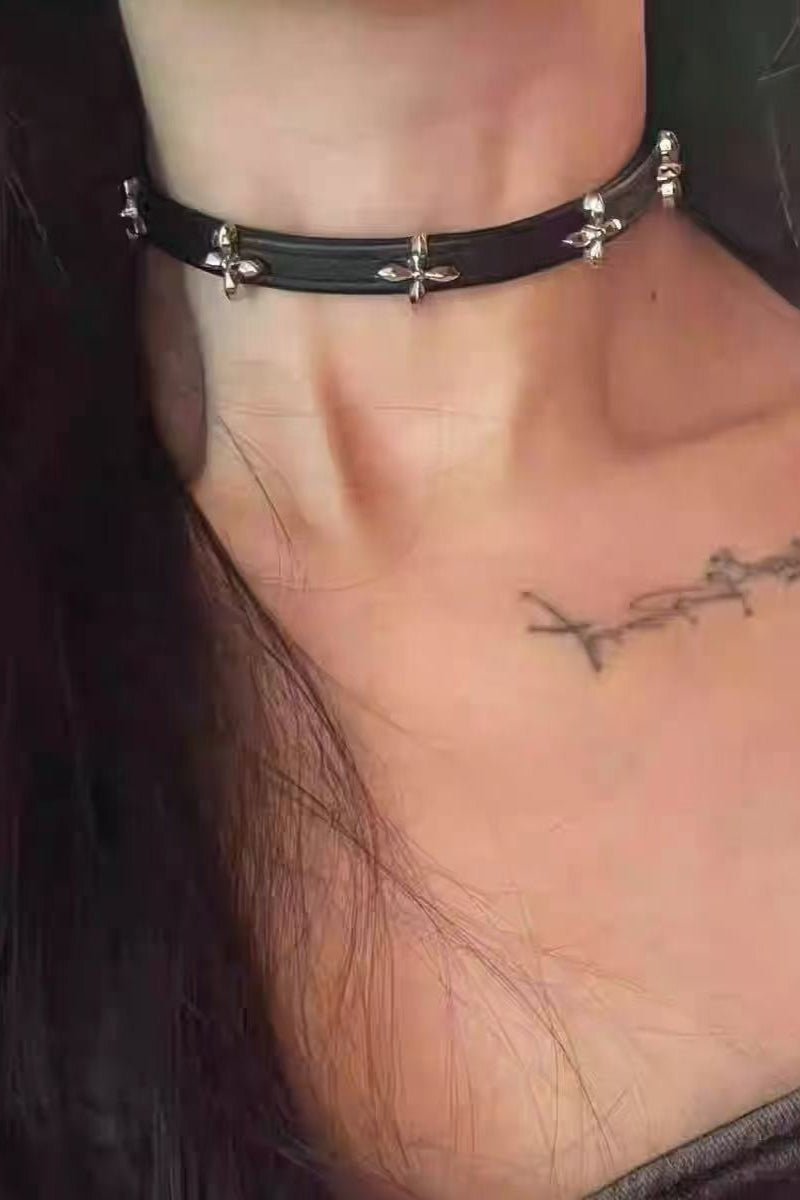 Y2K Punk Leather Cross Layer Choker Necklace
