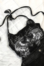 Retro Black White Thorn Wing Print Lace Halter Top