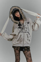 Niche Design Y2K Rabbit Ear Hooded Furry Collar Fleece Coat